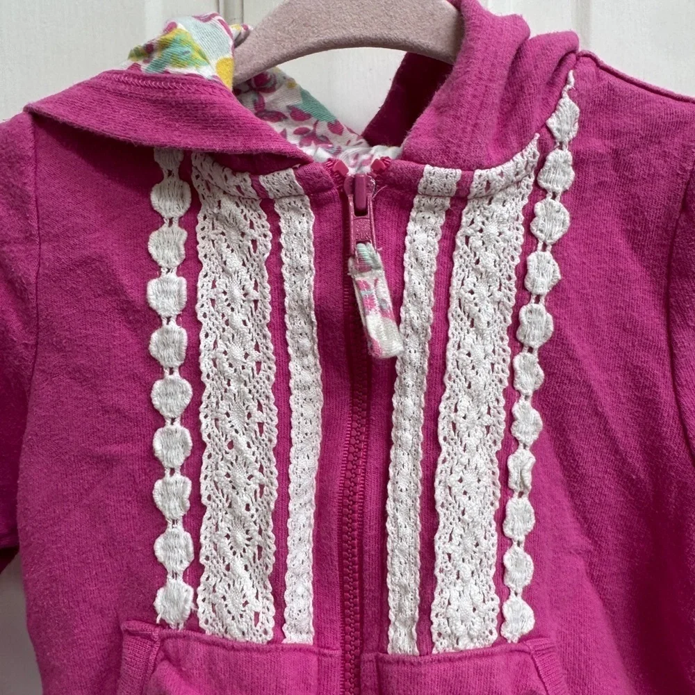 OshKosh B'gosh 2T Gitls Pink and White Lace Trim Zip Up Hoodie Jacket